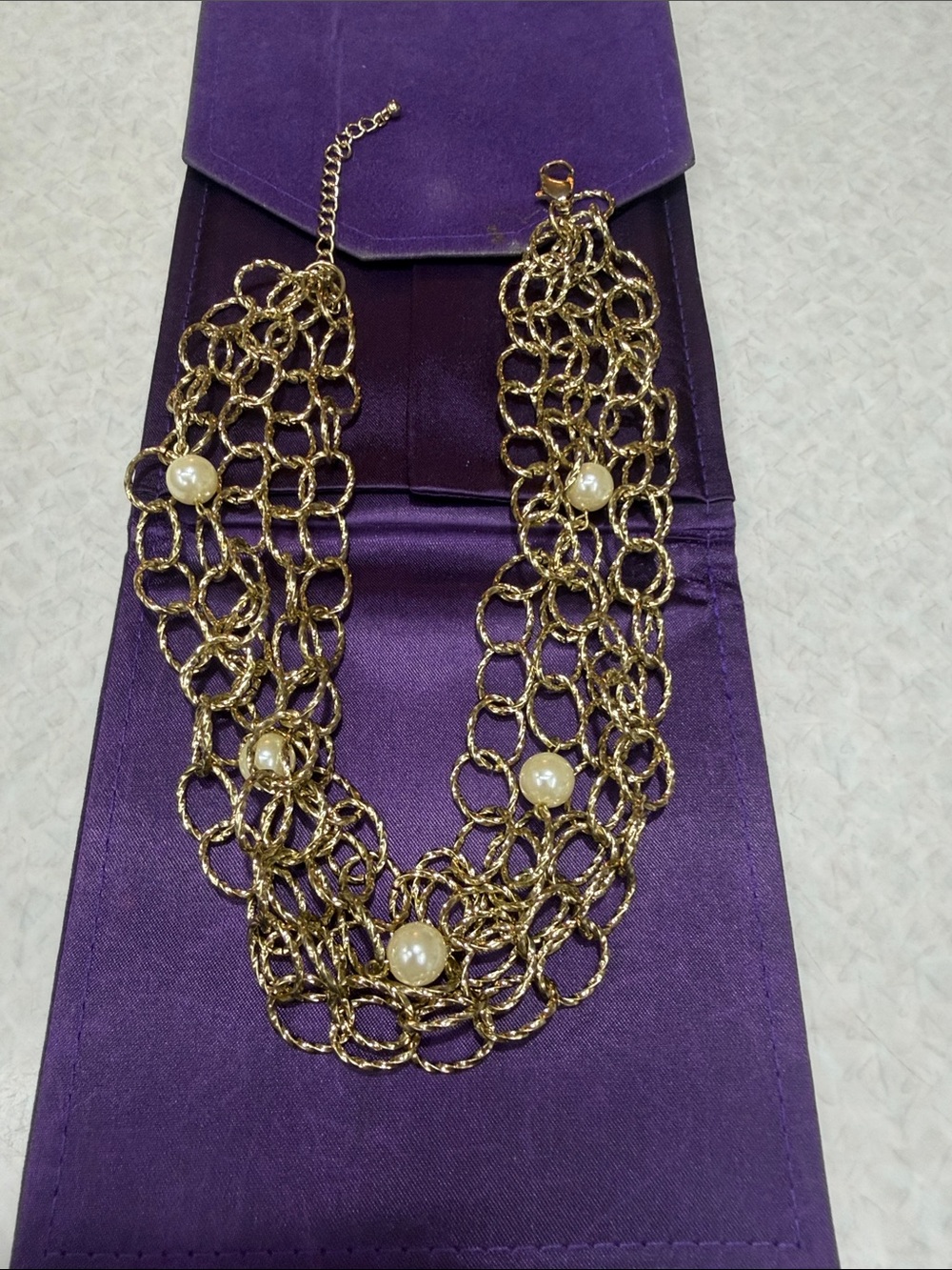 Gold Multi-Row Chain Necklace with Pearls - Women Jewelry 18”